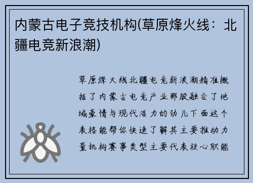 内蒙古电子竞技机构(草原烽火线：北疆电竞新浪潮)
